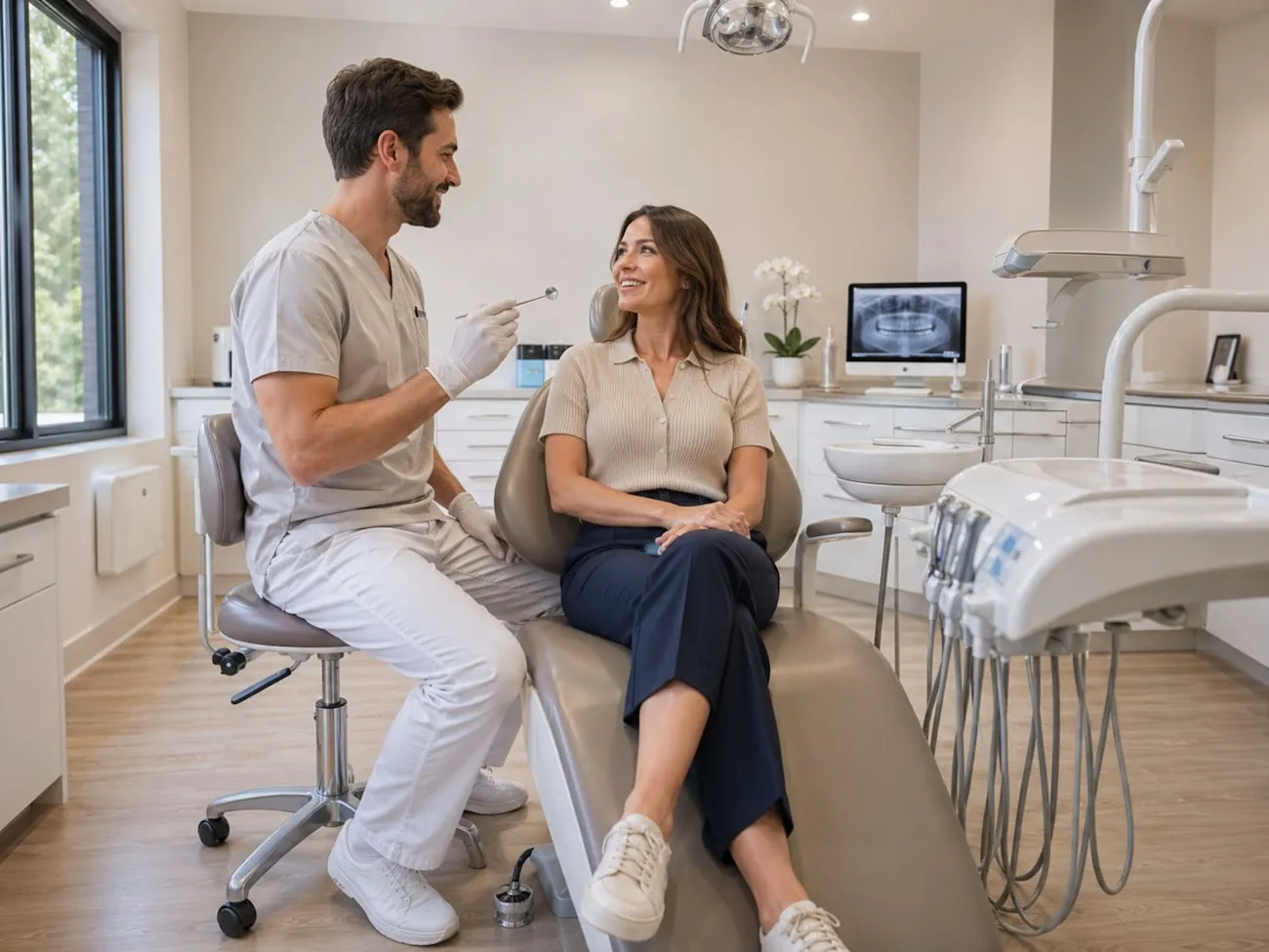 Practice principal talking with a patient